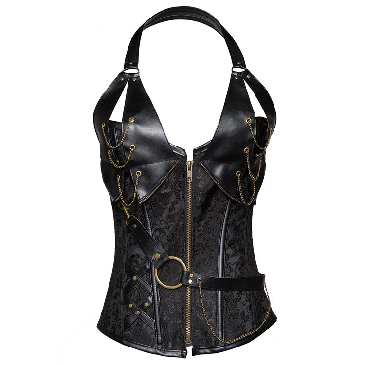 Title 2, Punk Leather Corset With Belt Halter Shape Body