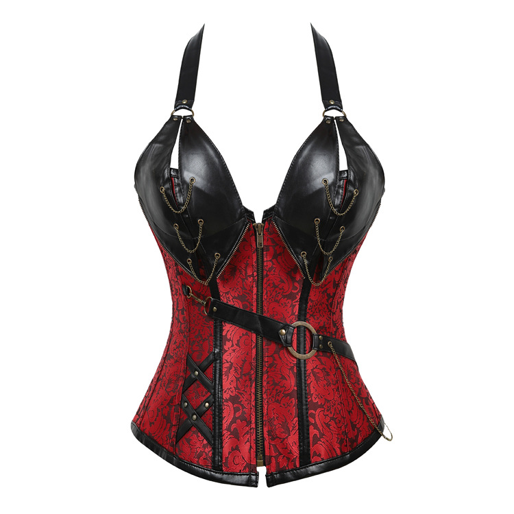 Title 3, Punk Leather Corset With Belt Halter Shape Body