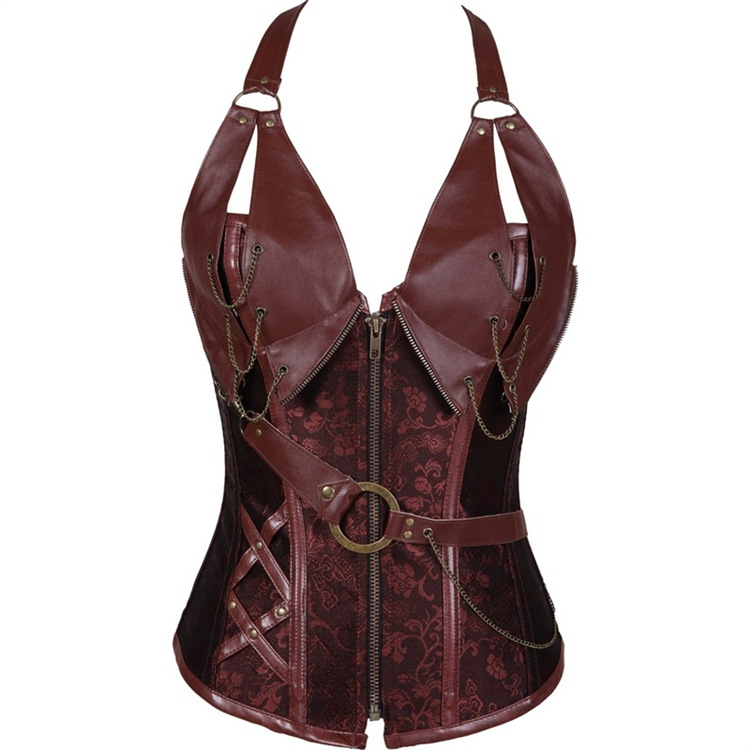 Title 4, Punk Leather Corset With Belt Halter Shape Body