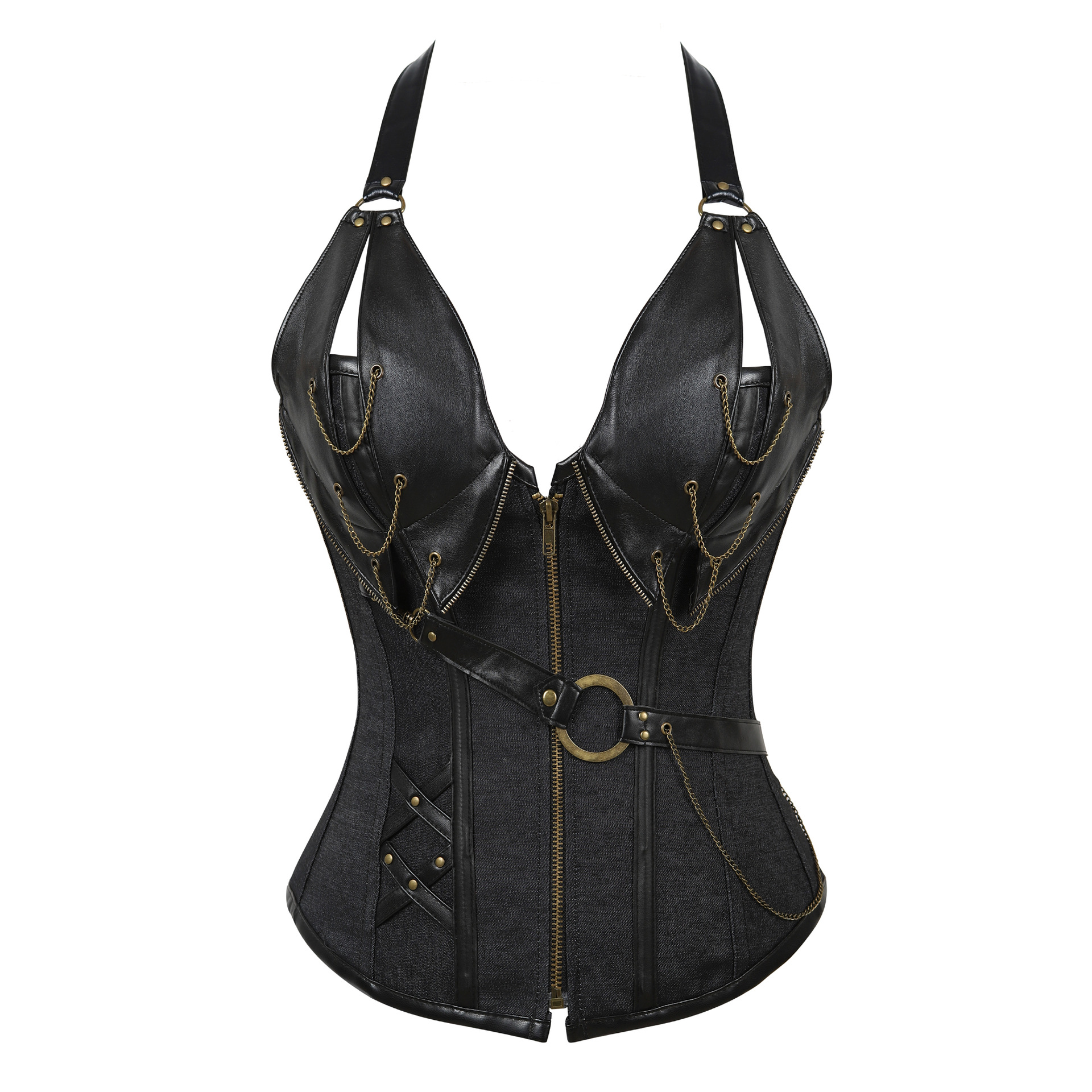  Punk Leather Corset With Belt Halter Shape Body