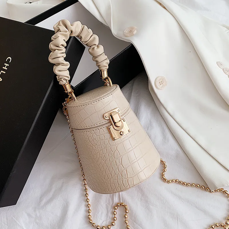 Bucket Bag Pattern Fold Handbag Chain Popular Shoulder Bag Messenger Female Bag - Beige