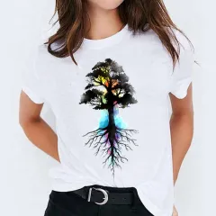 Foreign Trade Color Feather Ink Painting Women'S Printed Short Sleeve T-Shirt - White G - View 1