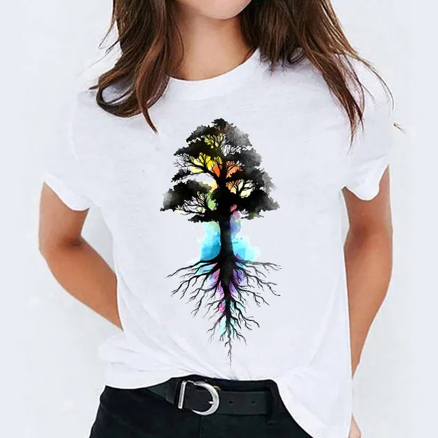 Foreign Trade Color Feather Ink Painting Women'S Printed Short Sleeve T Shirt White G - Shop at LoveMi