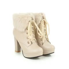 Martin Boots Round Toe Waterproof Platform High-Heeled Hairy Women's Boots Sweet - Apricot - View 1