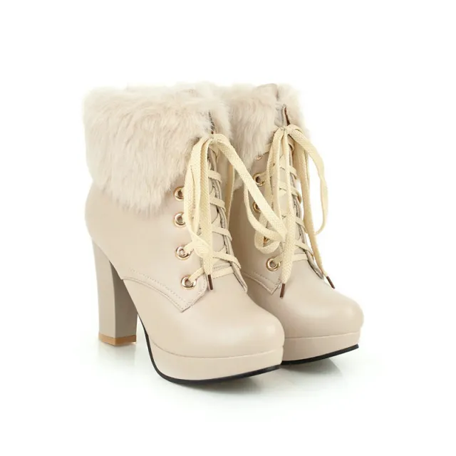 Martin Boots Round Toe Waterproof Platform High Heeled Hairy Women's Boots Sweet Apricot - Shop at LoveMi