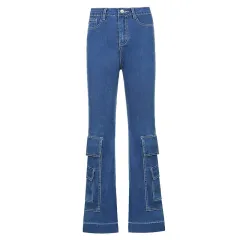 Women's High-waist Casual Trousers With Pocket Drape Bootcut Jeans - Blue - View 1
