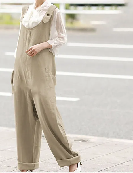 Ladies Loose And Breathable Solid Color Jumpsuit Khaki - Shop at LoveMi