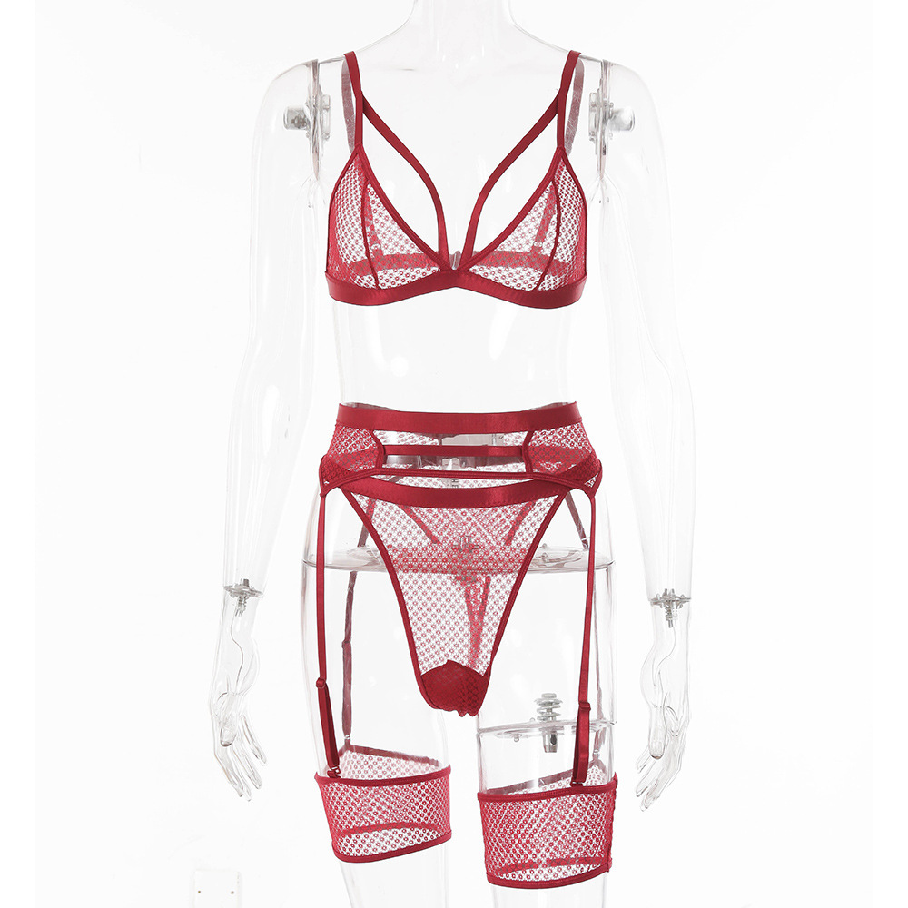 Women'S Comfortable And Soft Lace Perspective Female Sexy Three Piece Suit Red Wine - Shop at LoveMi