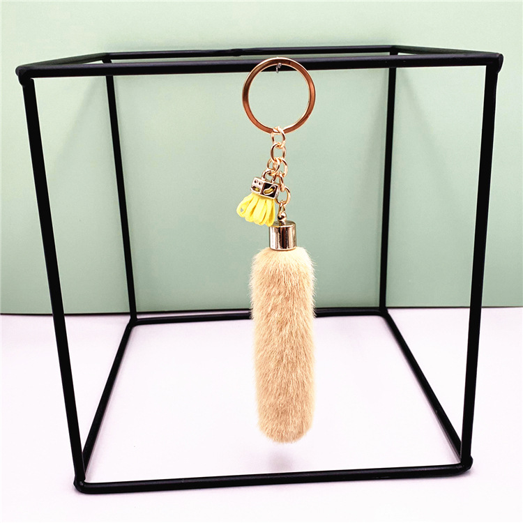 Faux Mink Fur Key Chain Bag Charms Pendant Tassel Fluffy Car Key Ring Accessories Khaki - Shop at LoveMi
