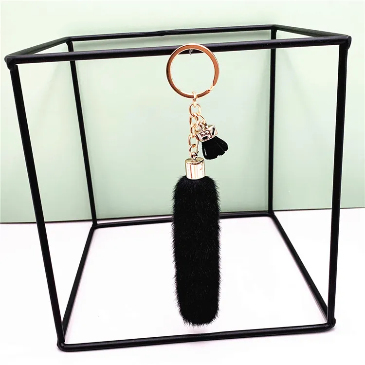 Faux Mink Fur Key Chain Bag Charms Pendant Tassel Fluffy Car Key Ring Accessories - Black