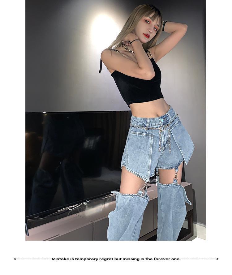 High street Jeans Women Splice Wide Leg Trousers Hip-hop cotton Loose Retro Chain Removable