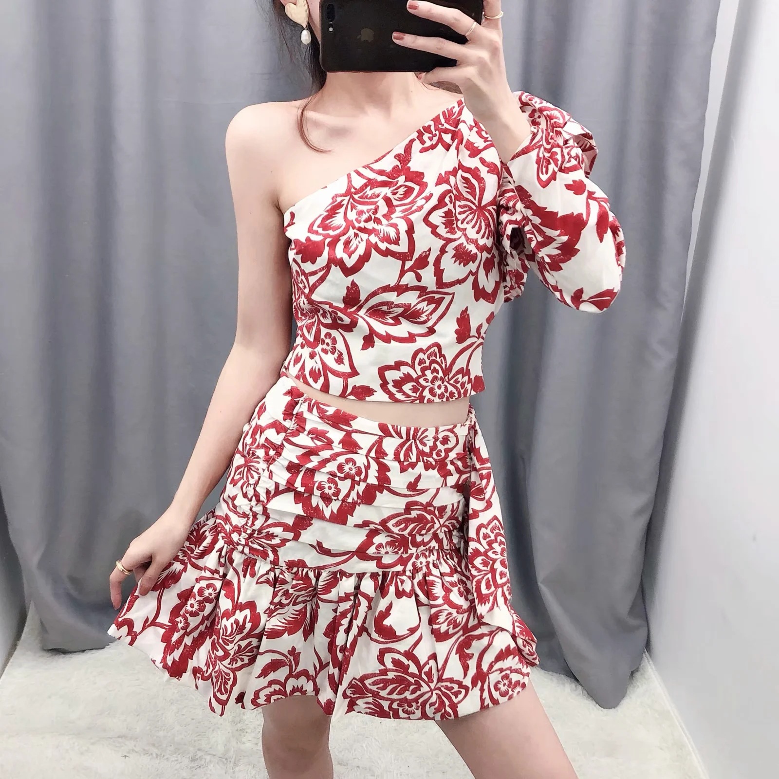 Summer New Style European And American Bohemian Tropical Style Printed Suit One-Shoulder Top Ruffle Half Skirt
