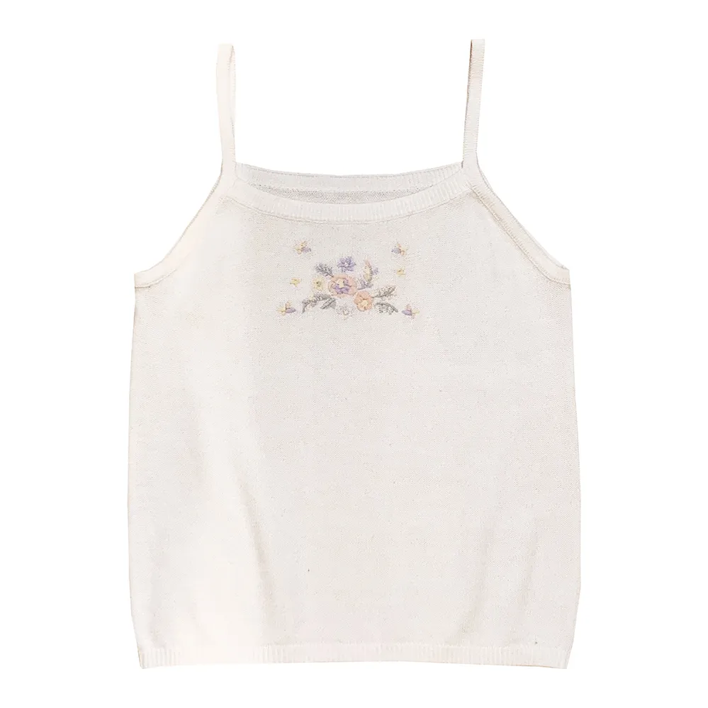 Retro Gentle Cream Colour Flower Summer Cute Girl Knitting With A Small Sling - White