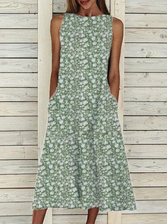 Round Neck Pocket Floral Sleeveless Strap Dress