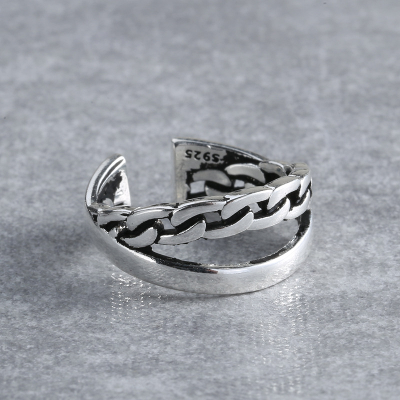 S925 Sterling Silver Distressed Retro Japanese And Korean Style Trend Personality Glossy Chain Double-Layer  Ring
