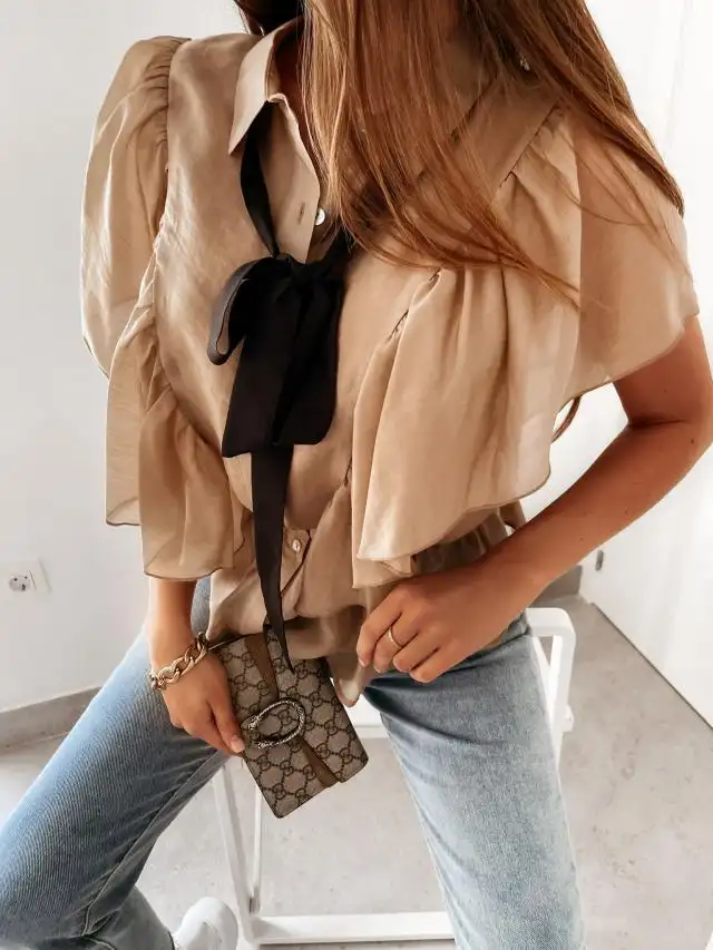 Bow Tie Ruffled Bat Sleeve Chiffon Top