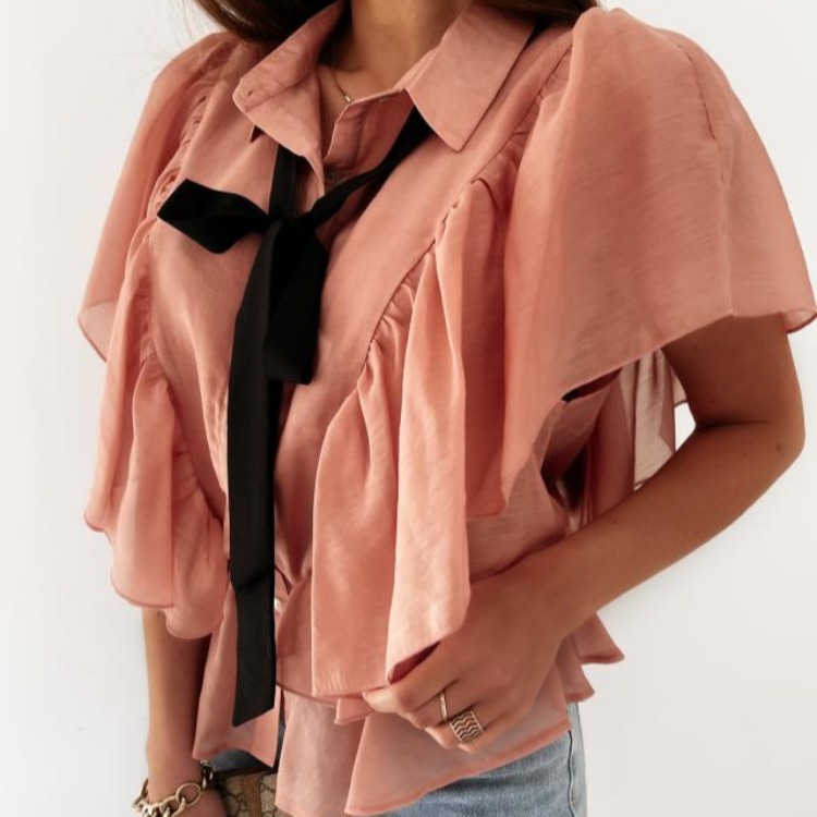 Bow Tie Ruffled Bat Sleeve Chiffon Top