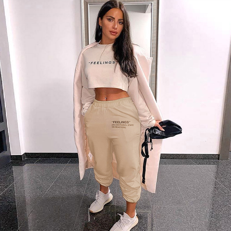 New Solid Color Slim-Fitting Casual Pants Women'S Elastic Waistband Letter Printed Sweatpants