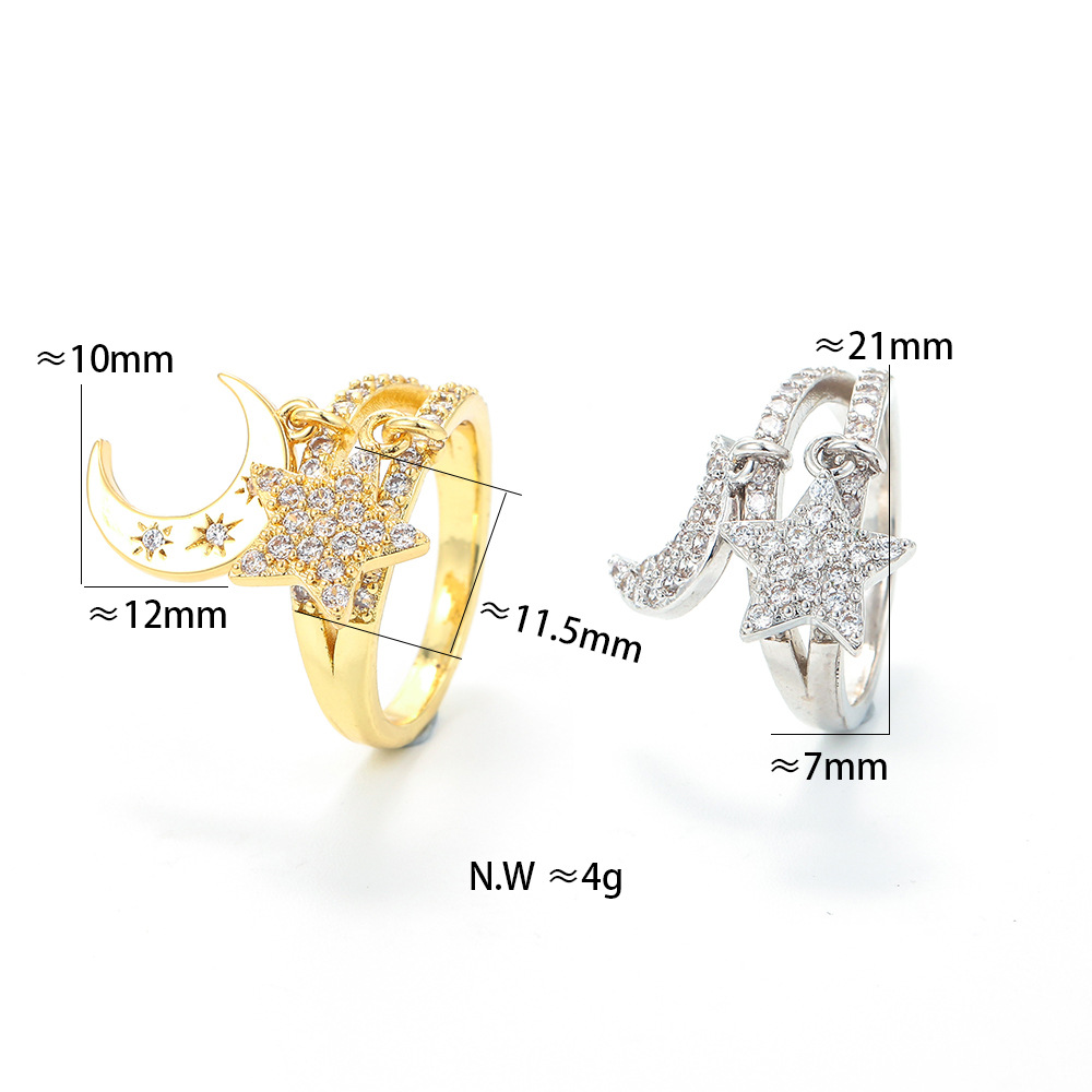 EYIKA Double Layer Star Moon Pendant Adjustable Ring Gold Silver Color Cubic Zirconia Female Finger Rings Gift For Girlfriend