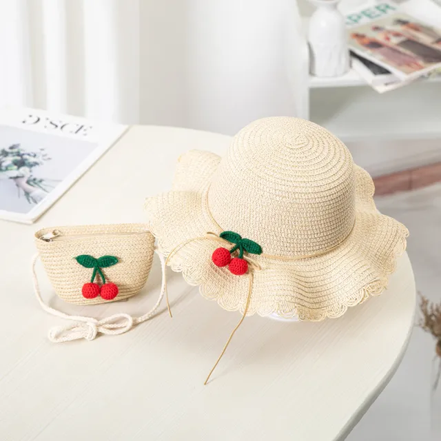 Small Wave Side Children'S Straw Hat Summer Girl Outing Beach Hat Sun Hat Hat Bag Set Cherry Beige - Shop at LoveMi