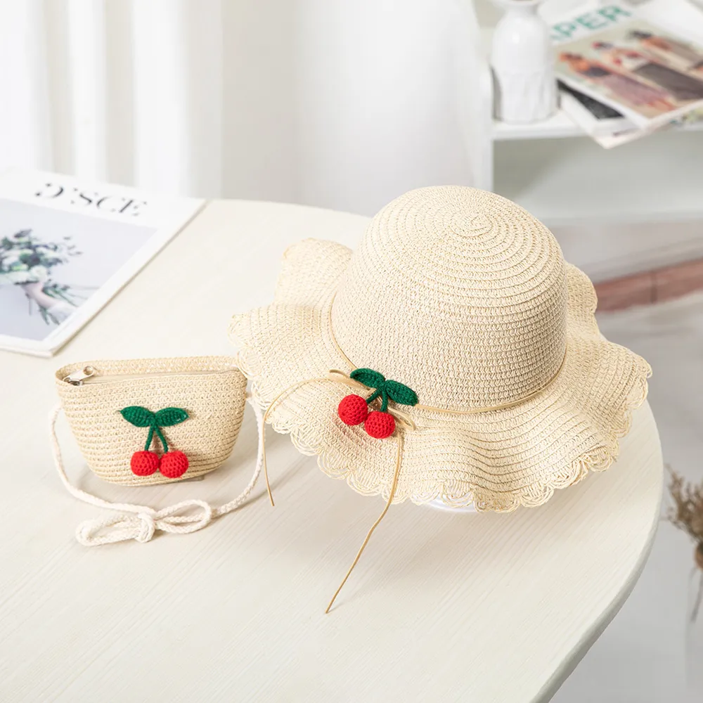 Small Wave Side Children'S Straw Hat Summer Girl Outing Beach Hat Sun Hat Hat Bag Set - Cherry Beige