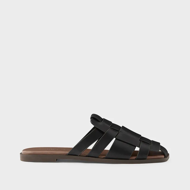 Ladies Woven Shoes Retro Square Toe Casual Mules Sandals - Black