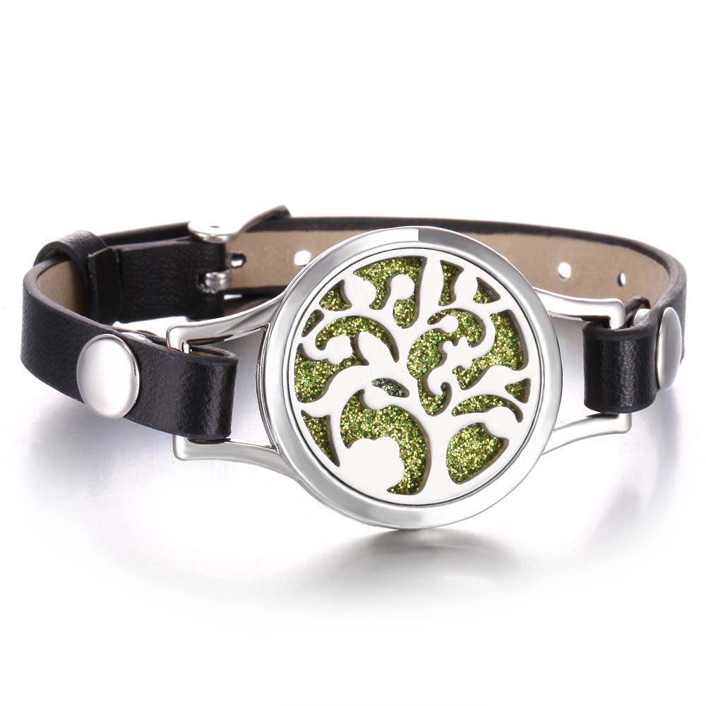 Double-layer stainless steel aromatherapy bracelet with leather strap
