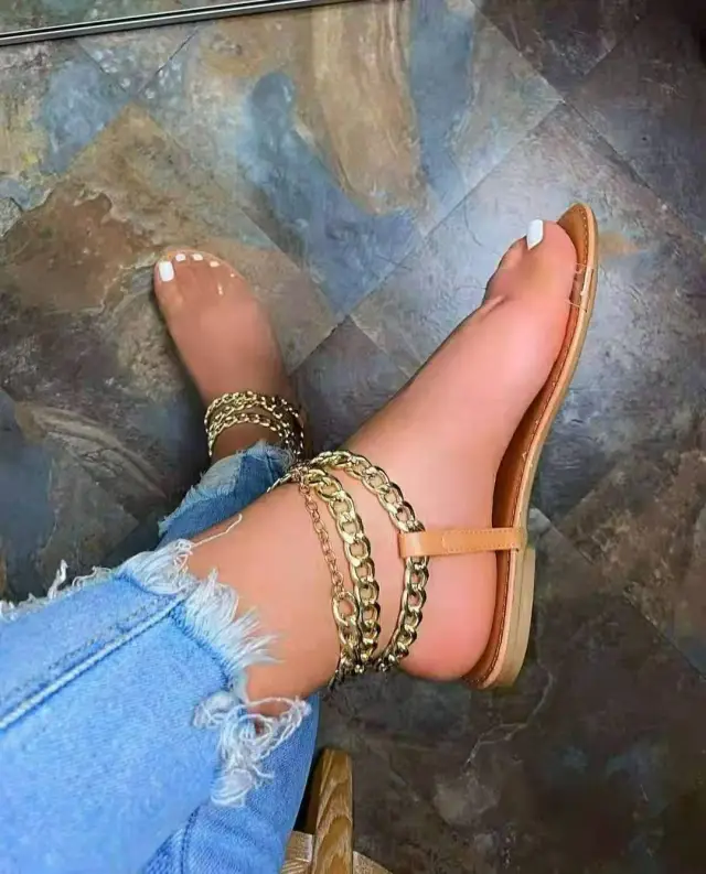 Large Size Sandals Women New Flat Metal Chain Transparent Belt Sandals European And American Beach Khaki - Shop at LoveMi