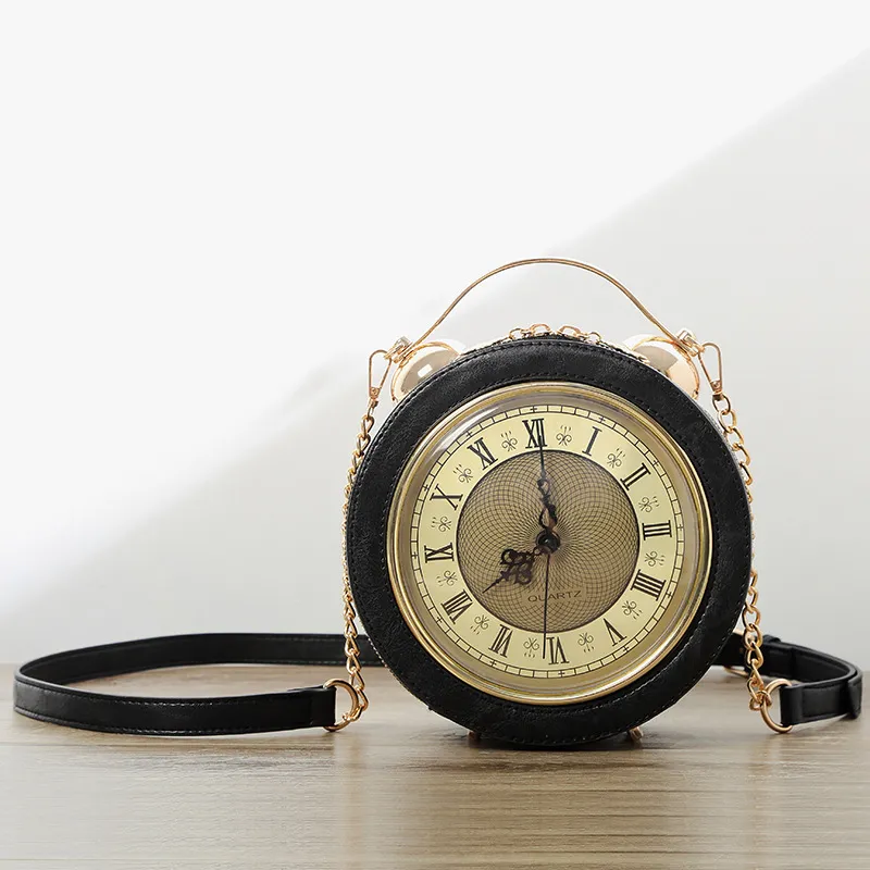 New Female Bag Portable Messenger Bag Clock Bag Personality Chain Small Round Clock Shape - Black