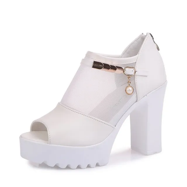 High Heel Fish Mouth Thick Heel Sandals Women Casual Platform White - Shop at LoveMi