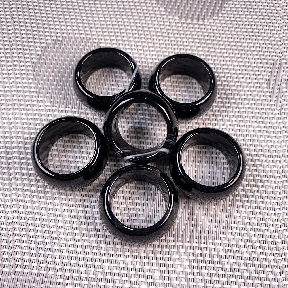 Natural Agate Ring Men'S And Women'S Ring Couple 12Mm Wide Agate Ring Semi-Precious Stone Ring