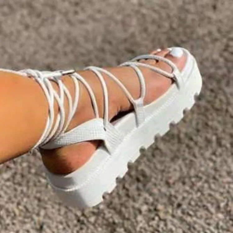 New Korean Style Flat Sandals With Platform - White