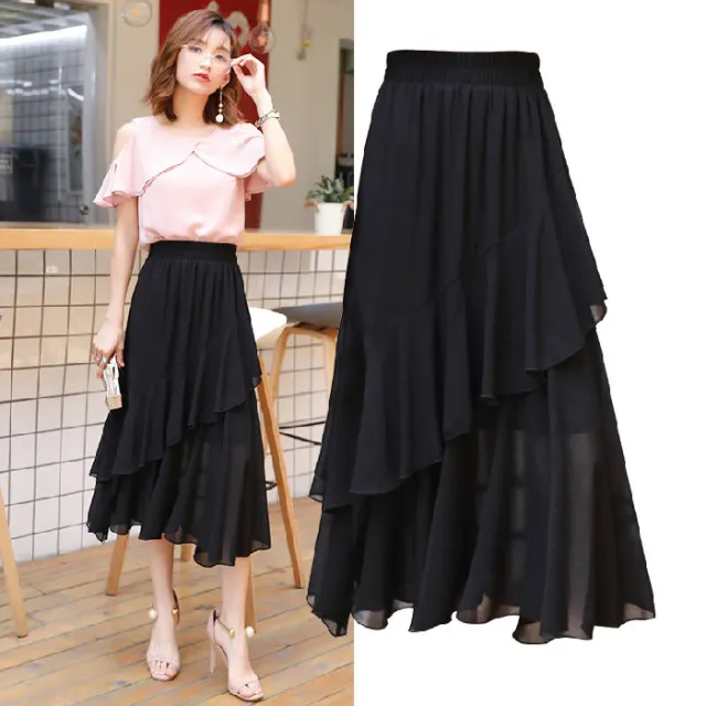 Irregular Ins Mid Length Chiffon Skirt Black - Shop at LoveMi