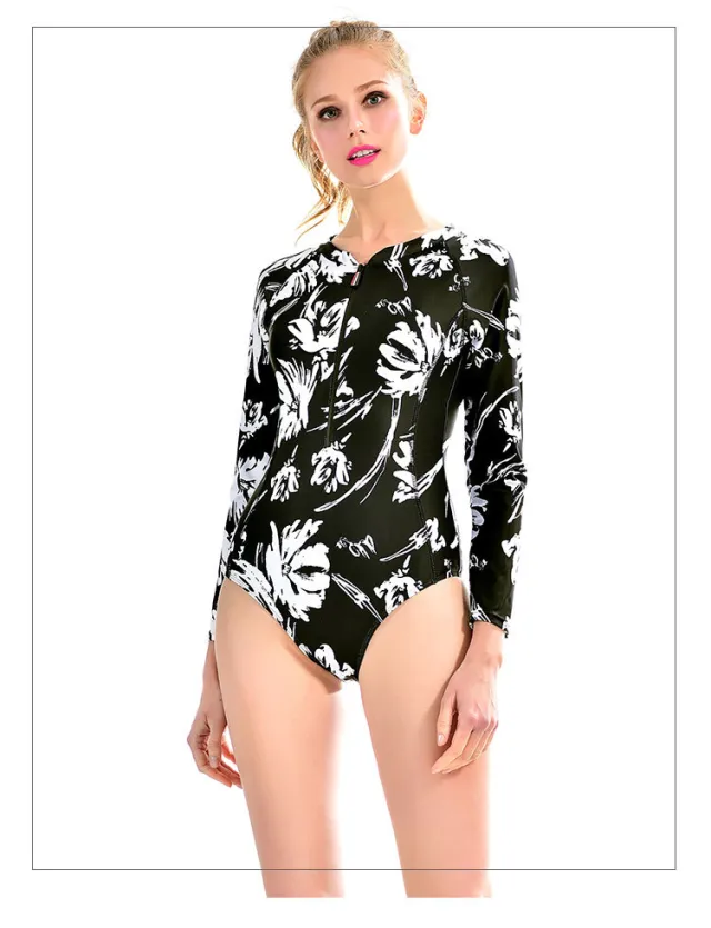 One Piece Bikini Swimsuit Long Sleeve Sexy Surfing Suit Sunscreen Swimwear European And American Ladies Hot Style Black - Shop at LoveMi