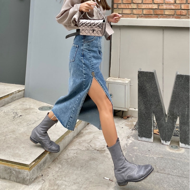 High Waist Slim Buttocks Sexy A-line Mid-length Slit Denim Skirt Simple