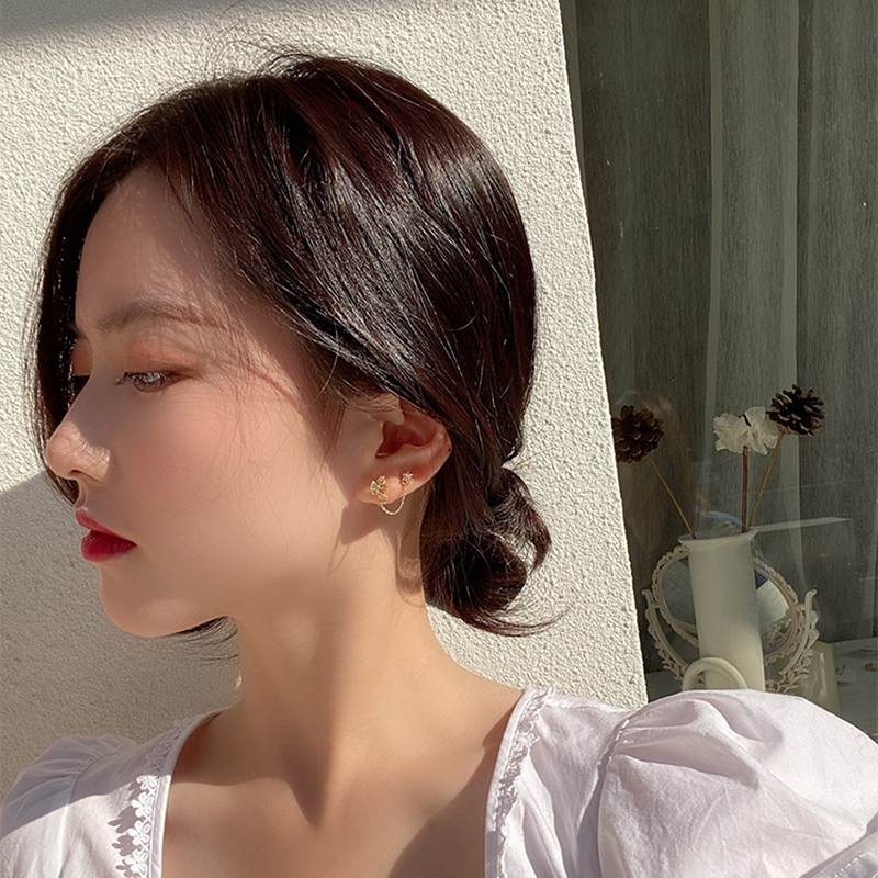 S925 Silver Needle Zircon Flower Tassel Ear Clamp Earrings