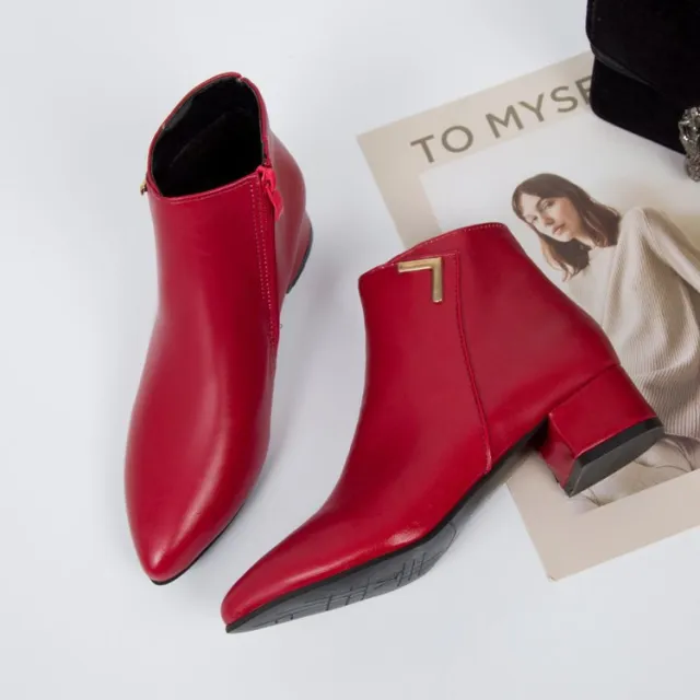 Suede Casual Mid Heeled Pointed European Zipper High Top Shoes Red - Shop at LoveMi