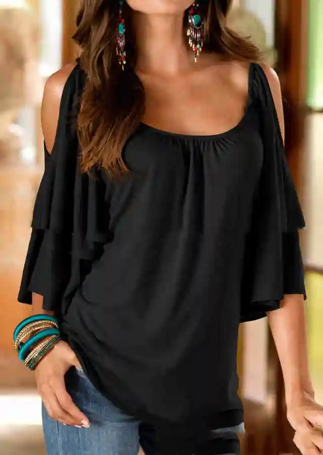 Off the shoulder Double layer Five point Sleeve Round Neck Top Goddess Black - Shop at LoveMi