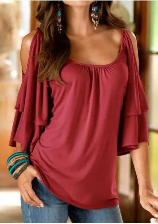 Off-the-shoulder Double-layer Five-point Sleeve Round Neck Top Goddess - Wine Red