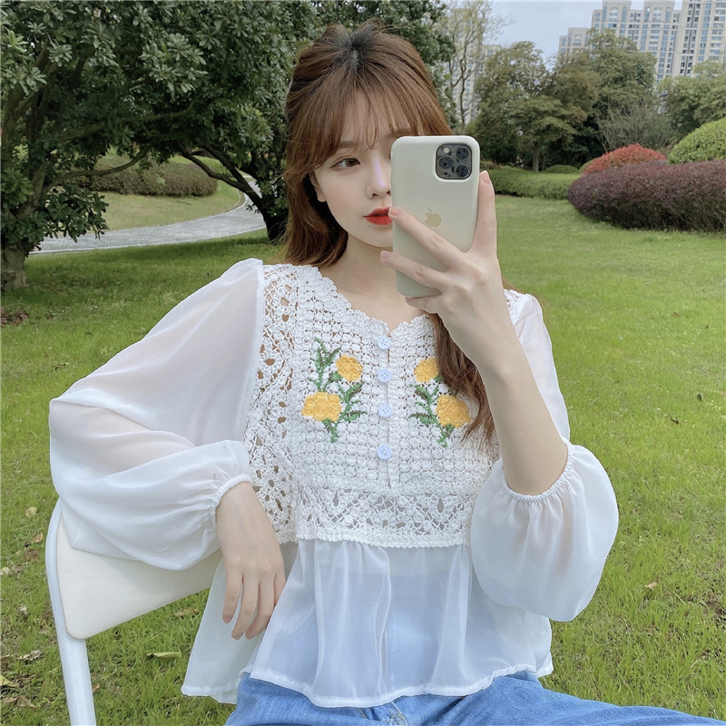 French V-neck Loose Long-sleeved Shirt Top