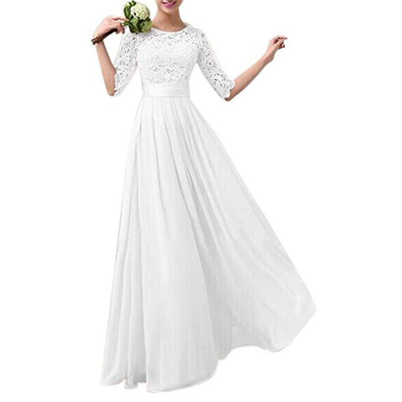 Banquet Evening Dress Five point Sleeve Lace Chiffon Wedding White - Shop at LoveMi