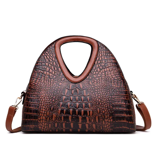 Ladies One Shoulder Crossbody Embossed Soft Leather Tote Brown - Shop at LoveMi