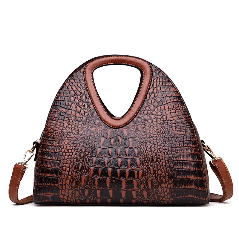 Ladies One Shoulder Crossbody Embossed Soft Leather Tote - Brown