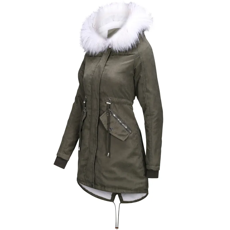 Cotton Coats Women Casual Fur Long Hooded Jacket Fashion Simple High Street - Green