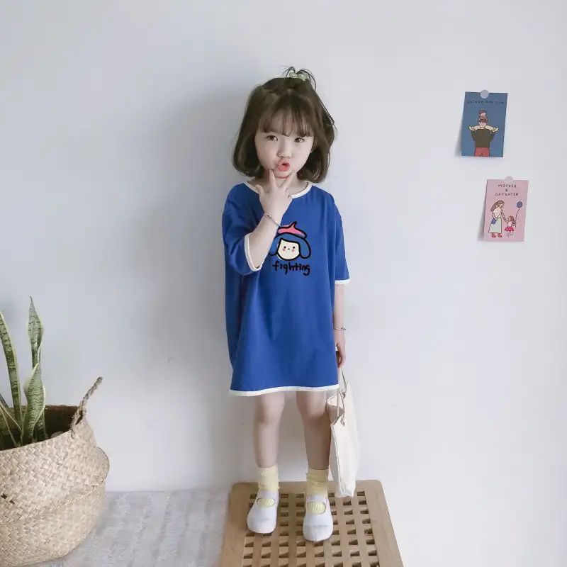 Cotton Loose Girl Dress Short Sleeve T-Shirt Dress Cute Color Block Top