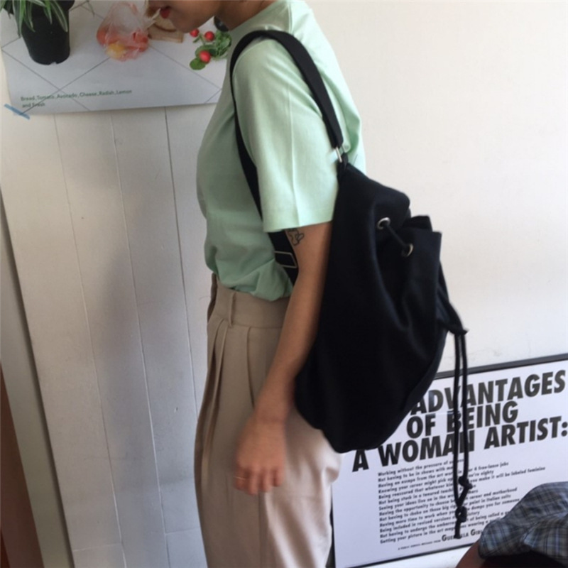 South Korea Simple Joker Draw Rope Bundle Mouth Canvas Bag Black - Shop at LoveMi