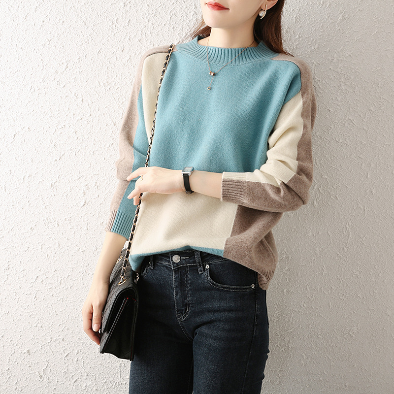 Pullover Round Neck Color Block Loose Sweater