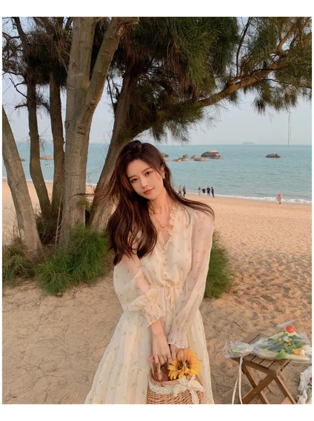Floral Long Sleeve Organza Dress Women Apricot - Shop at LoveMi