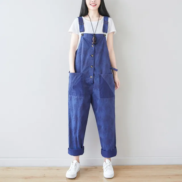 Korean Style Fashion Coconut Tree Bib Pants Plus Size Casual Pants Loose Print Three Color In Blue - Shop at LoveMi