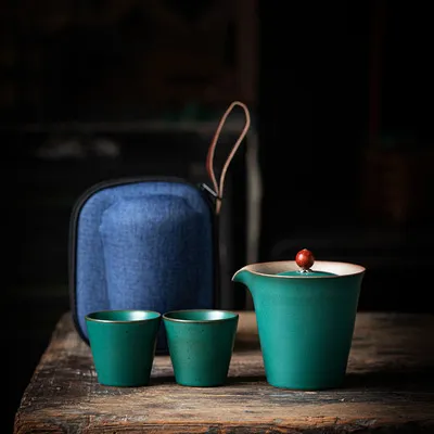 PINNY Japanese Coarse Pottery Travel Tea Set Ceramic Glaze Kung Fu Tea Set 1 Pot 2 Cups With Bag Portable Tea Service Dark Green - Shop at LoveMi
